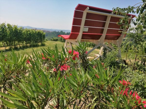 Cosa vedere a Rosignano Monferrato- Big Bench n°41-Panchina Gigante Rosso Grignolino-oleandro-vigneto