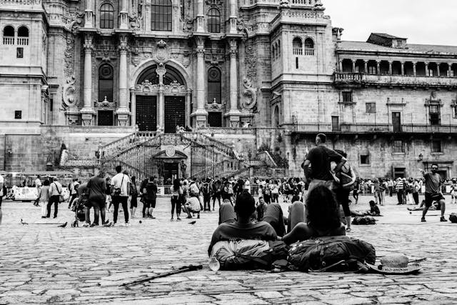 Best structures on the way of Santiago-pilgrims-Santiago Cathedral-black and white